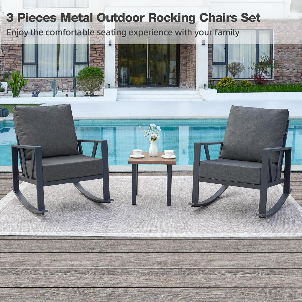 Outdoor Patio Rocking Chairs Set of 2 with 6 Inch Thick Cushions, Grey | 2 Rockers & 1 Metal Coffee Table, Water Resistant and Removable Covers, Rust-Resistant, Ideal for Porch, Balcony,Backyard