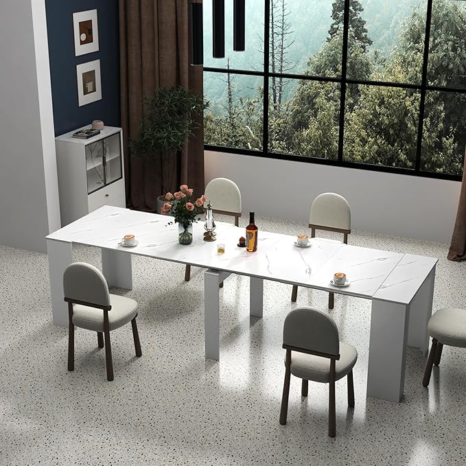 KEIKI 20”-118.5”L Extendable Foldable Dining Room Table for 1-10 People, Wood Modern Rustic Rectangle Expandable Kitchen Living Meeting Room Furniture, 6 Tabletop Length Options, Marble White