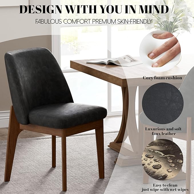 VKNOW Modern Dining Chairs Set of 2, Faux Leather Kitchen Chairs with Wood Le...