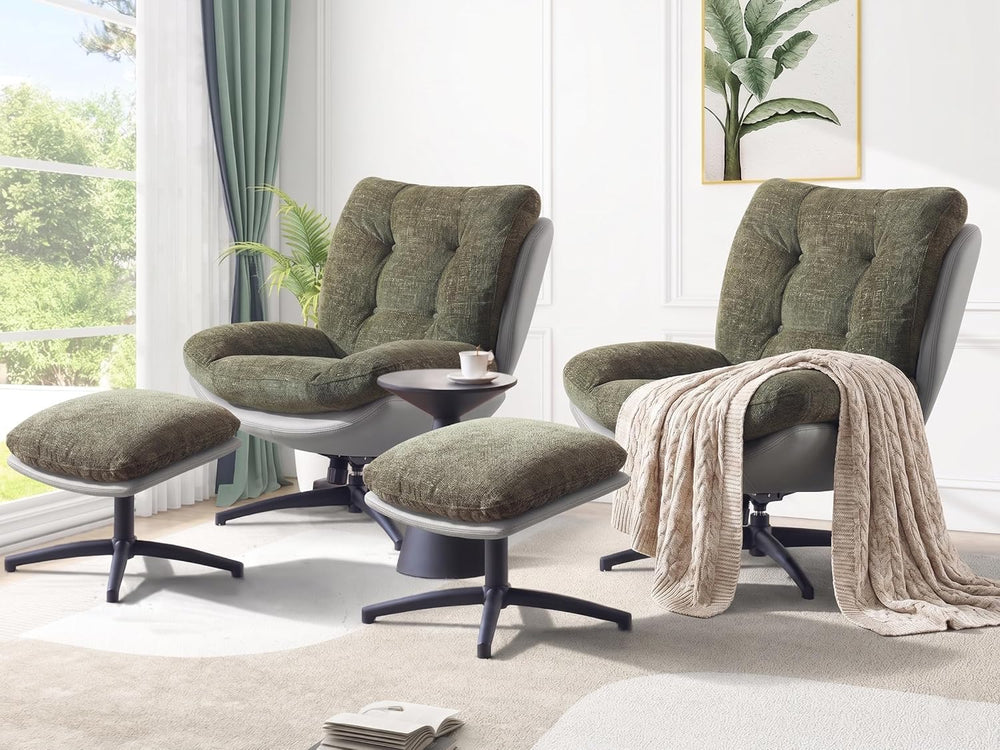 Chenille Rocking Swivel Accent Chair Set of 2 with Ottoman, 360° Oversized Me...