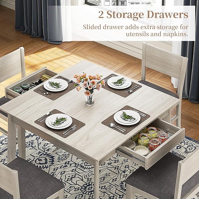 5-Piece Square Dining Table Set for 4, 38.2'' Solid Wood Kitchen Table with 4 Upholstered Chairs & 2 Drawers for Dining Room, Kitchen, Small Space, Washed Gray