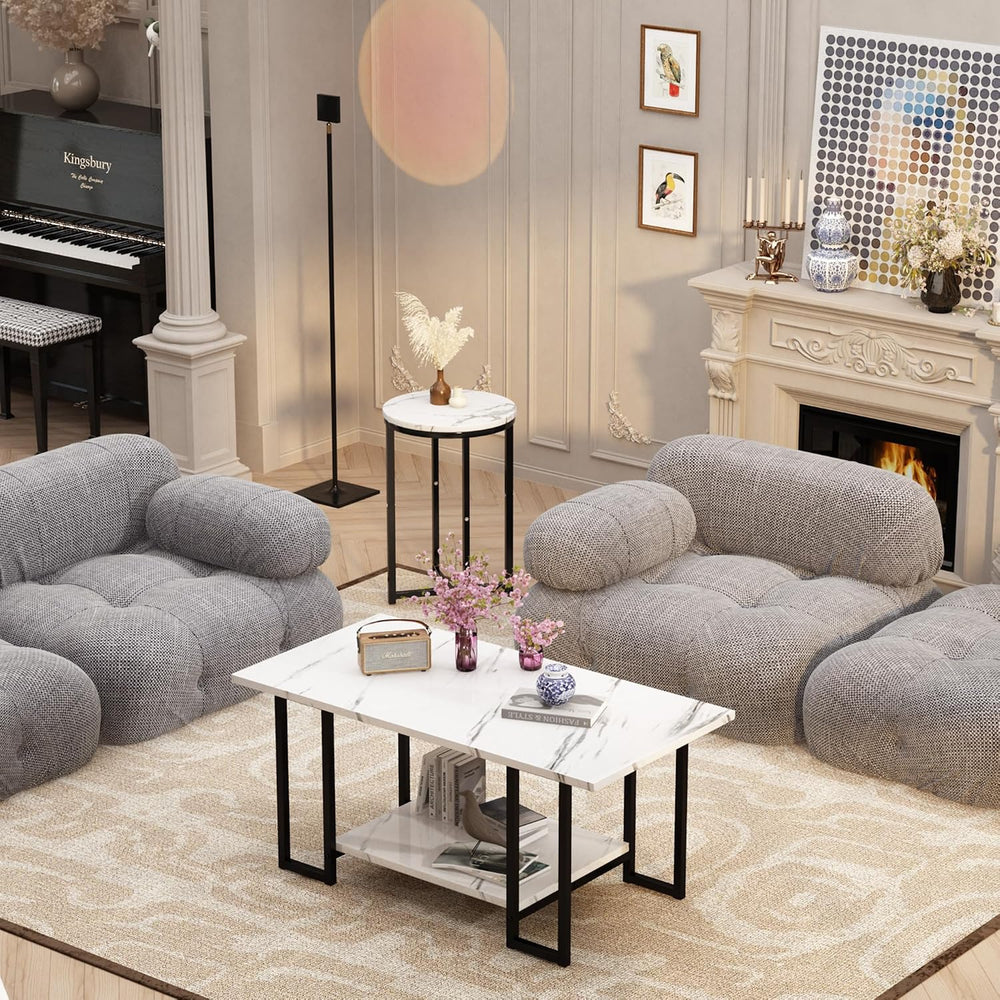 Lamerge 3 Pieces Living Room Table Set, Faux Marble Coffee Table with 2 Round...