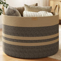 Nunsino 115L Woven Blanket Basket with Leather Handles, Cotton Rope Laundry Basket Hamper,Decorative Nursery Basket Toy Storage Basket for Kids, Living Room, Bedroom, Dark Brown Stripes