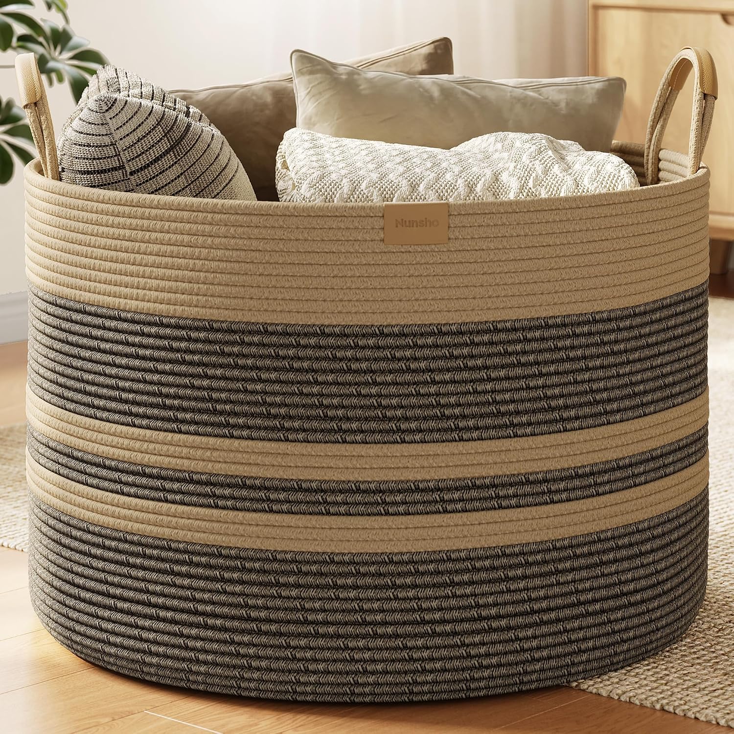 Nunsino 115L Woven Blanket Basket with Leather Handles, Cotton Rope Laundry Basket Hamper,Decorative Nursery Basket Toy Storage Basket for Kids, Living Room, Bedroom, Dark Brown Stripes