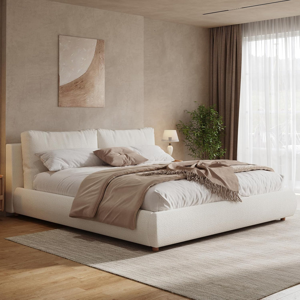 Merax King Boucle Platform Bed with 2 Removable Headboard Pillows, White