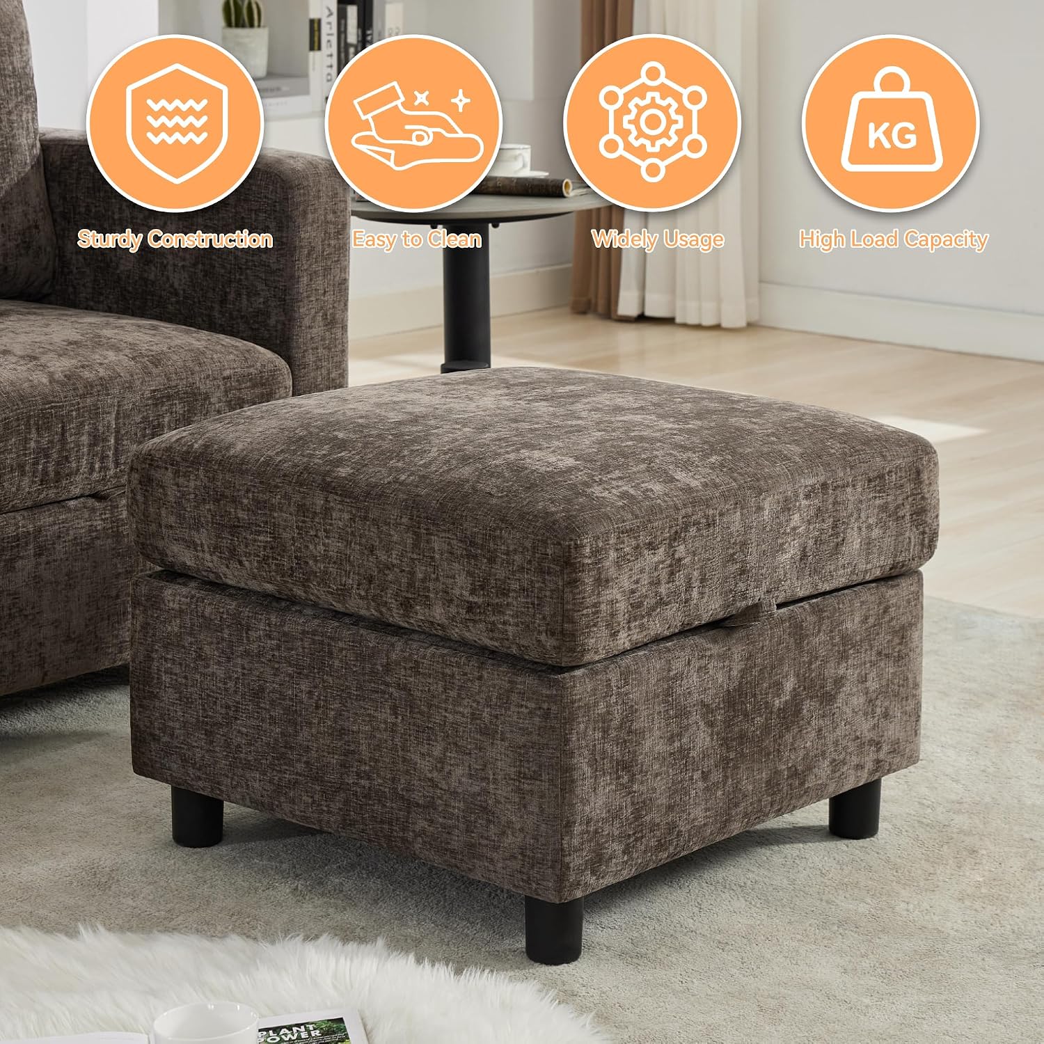 WUTUTUEE 25'' Square Storage Ottoman Module for Modular Sectional Sofa, Living Room Coffee Table Sectional Ottoman Footrest for Convertible Couch, Chenille Brown