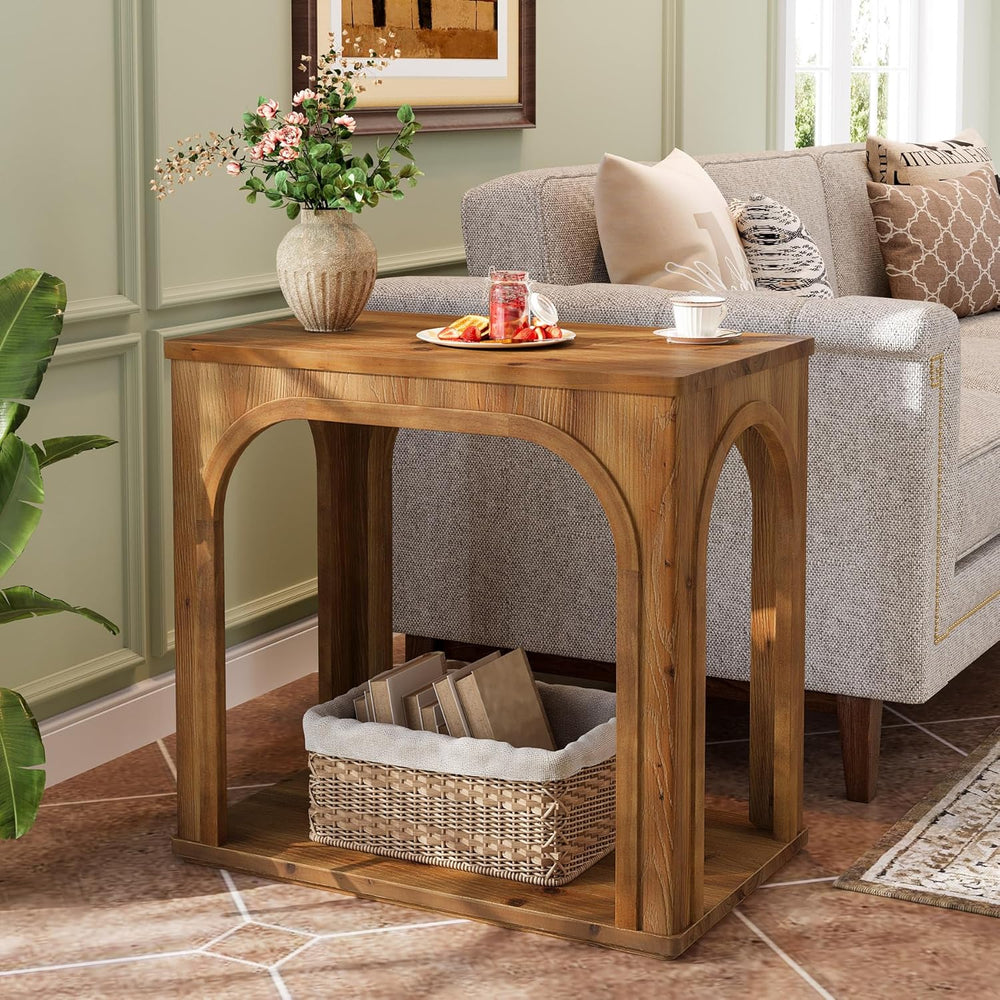 Tribesigns Arched Side Table, 2-Tier Farmhouse Solid Wood End Table with Bott...
