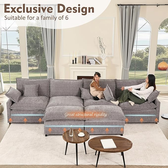 142.5" U Shaped Couch, Modular Sectional Sofa, 3-Seater Comfy Cloud Couch, Set of Modular Pieces with Movable Ottoman, Deep Seat Couches for Living Room, Chenille, Slate