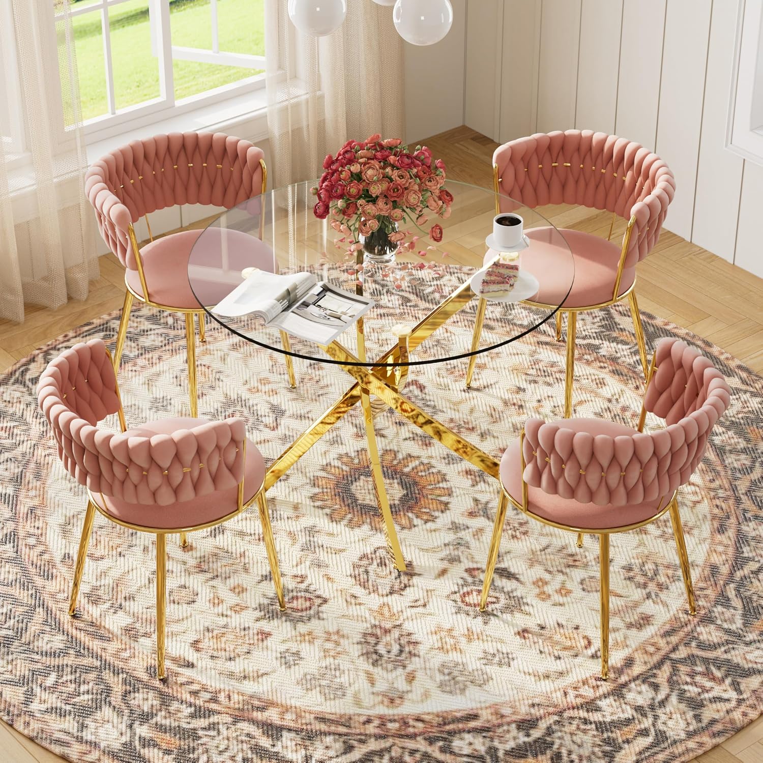 Round Glass Dining Table Set for 4, 36'' Small Circle Glass Kitchen Table with 4 Luxury Pink Gold Velvet Dining Chairs, 5-Piece Dining Room Table Set for Small Place(Gold Base)