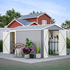 8x12 FT Outdoor Storage Shed with Gable Roof, Lockable Double Doors & Adjustable Side Door, Weatherproof with Frame Floor, Large Metal Utility Shed for Garden, Backyard, Patio