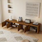 Ball & Cast 63" Mid-Century Modern Extendable TV Stand TVs up to 75", Expandable Media Console with Slatted Doors & Concealed Storage, Wood Grain Entertainment Center for Living Room,Brown Ebony