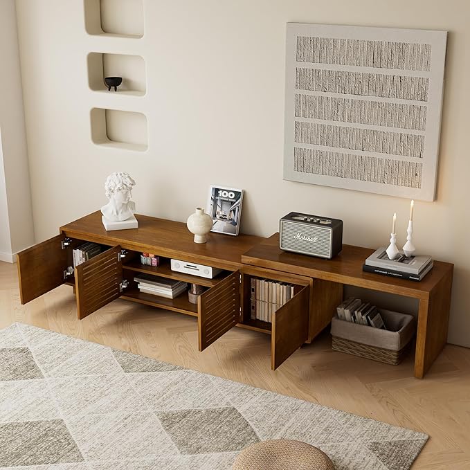 Ball & Cast 63" Mid-Century Modern Extendable TV Stand TVs up to 75", Expandable Media Console with Slatted Doors & Concealed Storage, Wood Grain Entertainment Center for Living Room,Brown Ebony