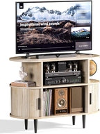 35.4" Fluted Small TV Stand, Mid Century Modern TV Stands for Bedroom,TV Entertainment Center with Storage for TVs, Round Media Console Cabinet with Sliding Doors for Bedroom, Living Room, Nature