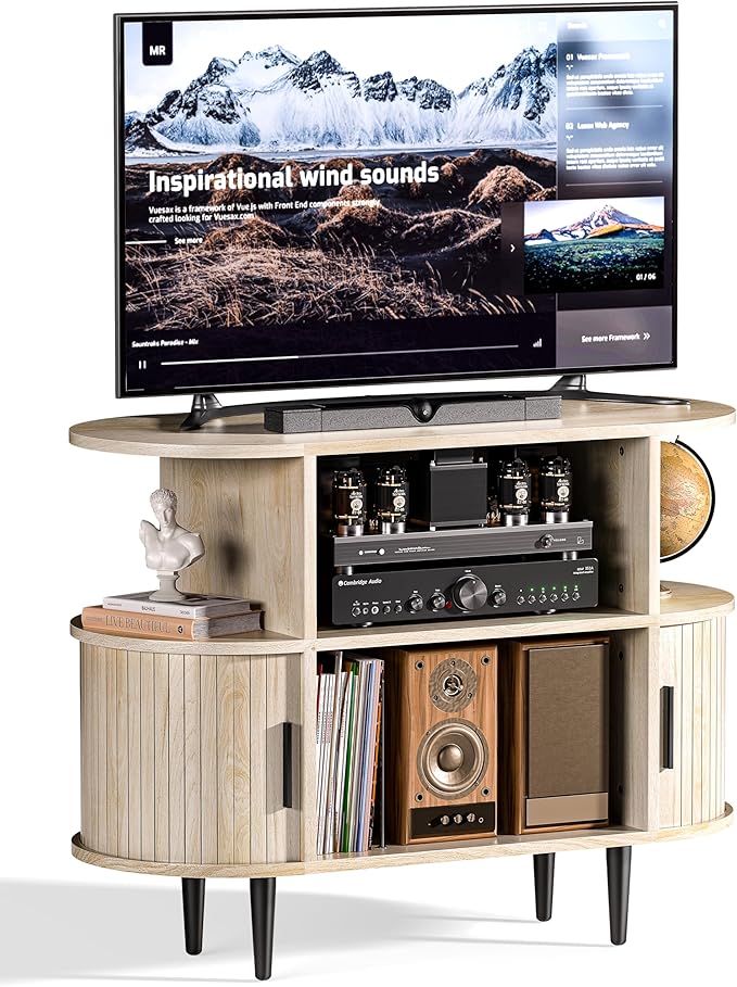 35.4" Fluted Small TV Stand, Mid Century Modern TV Stands for Bedroom,TV Entertainment Center with Storage for TVs, Round Media Console Cabinet with Sliding Doors for Bedroom, Living Room, Nature