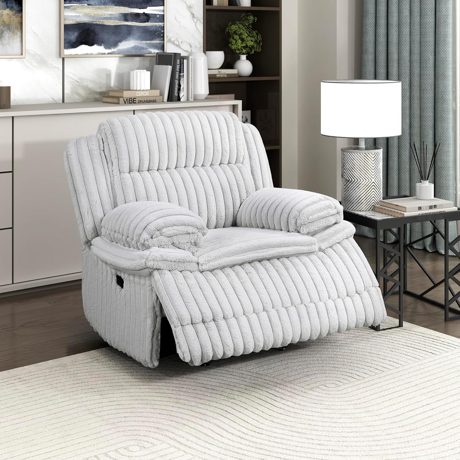 Lexicon Manual Glider Recliner Chair, Corduroy Manual Tab Pull Reclining Chair with Pillow Top Arms, Plush Cushions, Cozy Theater-Style Accent for Living Room/Bedroom, Easy Assembly, Gray
