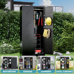 71" Metal Tools Storage Cabinet with Doors and Shelves, Outdoor Storage Sheds with Lock, Black Cleaning Supplies Organization Cabinet with Hanging Rod for Garage, Outdoor,