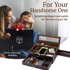 Mens Valet Box Organizer, Large Leather Valet Tray for Men, Mens Valet Tray Organizer with Charging Station, Mens Jewelry Box Organizer for EDC Valet Mens Accessories, Nightstand Bedside Dresser Top