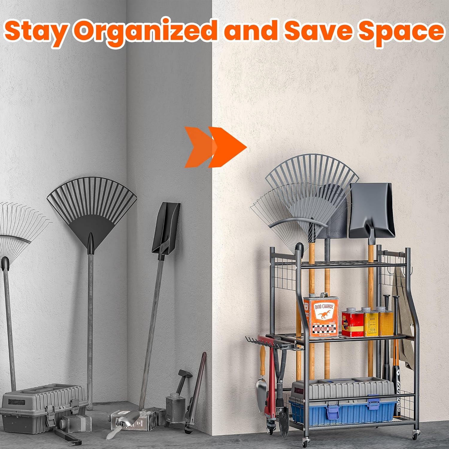 Ultrawall Garden Tool Organizer, Yard Tool Storage Stand for Garage with Lockable Wheels, Shed Tool Storage for Rake, Brooms, Indoor & Outdoor Use