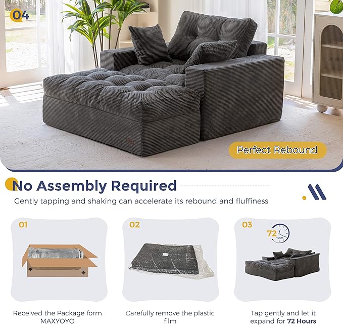 MAXYOYO Modular Sectional Chaise Lounge Sofa, Upholstered Lounge Chair with Ottoman, Comfy Couch with Layered Cushion, Tufted Upholstered Sleeper Chair for Living Room, No Assembly, Dark Grey