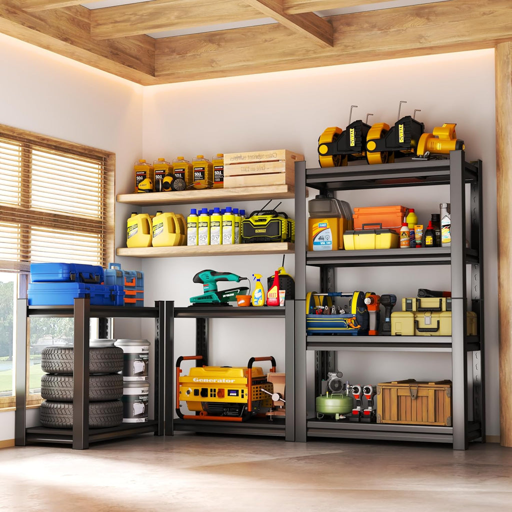 Storage Shelves, Garage Metal Shelving Unit, Adjustable, Double-Layer Column with Reinforced Ribs, Heavy-Duty, Capable of Bearing 600-3600 lbs (Black, 24 * 14 * 54, 4-Tier)