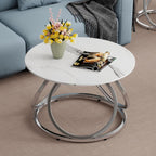 O&K FURNITURE Silver Coffee Table, Round Coffee Table Faux Marble Veins, Modern Center Table with Chrome Finish, for Living Room, Home Office, 1 PC