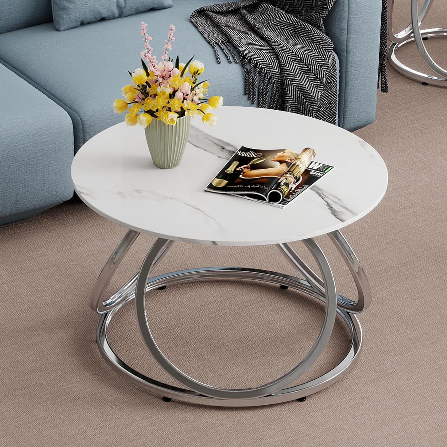O&K FURNITURE Silver Coffee Table, Round Coffee Table Faux Marble Veins, Modern Center Table with Chrome Finish, for Living Room, Home Office, 1 PC