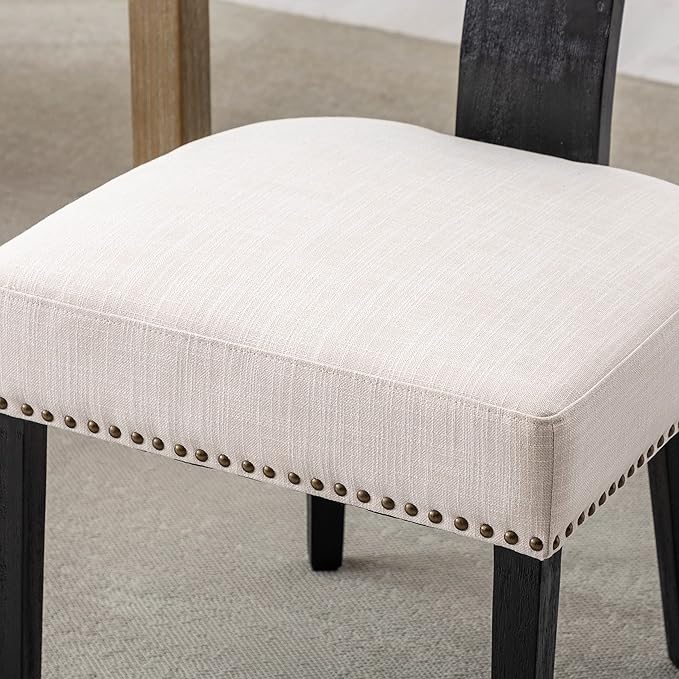 Mid Century Modern Dining Chairs Set of 2 Linen Fabric Upholstered Kitchen Side Chairs with Nailhead Trim, Modern Kitchen Armless Solid Wood Dining Chairs, Beige