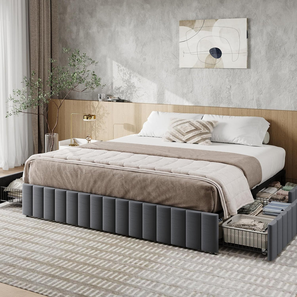 Allewie King Size Platform Bed Frame with 4 Large Storage Drawers, Velvet Ver...