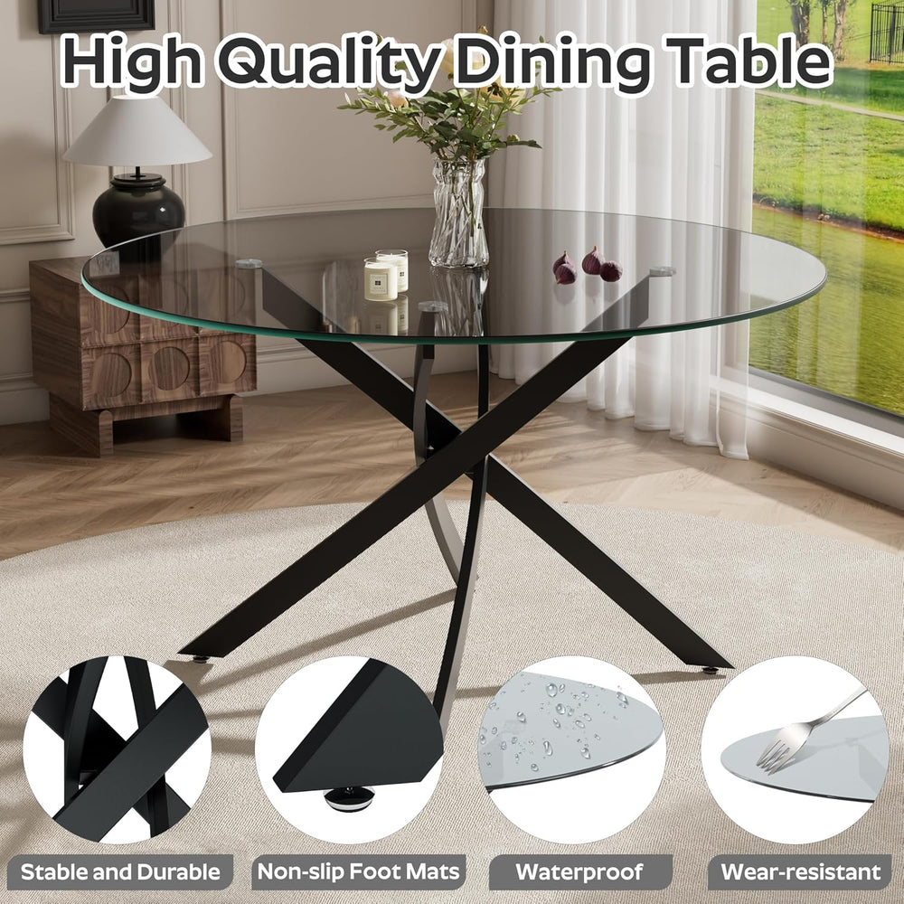 RGZ 5 Pieces Modern Round Kitchen Set, Clear Grey Circle Glass Dining Table w...