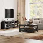 LINSY HOME TV Stand for 75 Inch TV, Modern Farmhouse Entertainment Center with Storage Cabinets and Glass Doors, Tall Media Console Table for Living Room, Bedroom, Large Long Television Stand, Black