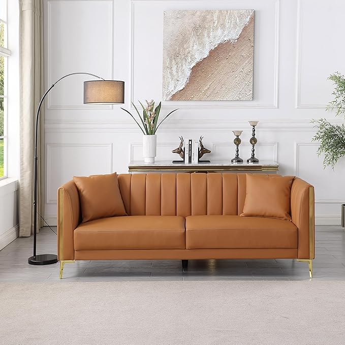 FOTOSOK Leather Couch Sofa, Office Couches 78'' Apartment Faux Leather Sofa with 2 Throw Pillows & Gold Metal Legs, Waterproof 3 Seater Couches for Small Living Room, Affordable Luxury Design