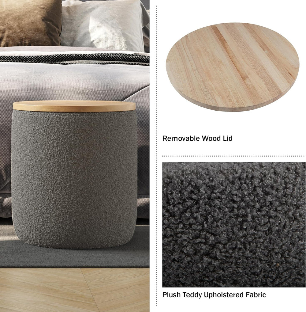 Storage Ottoman - Teddy Fabric Upholstered Ottoman with Wood Top for Living R...