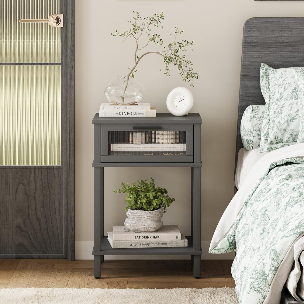 Nightstand Wooden Bedside Table with Drawer Grey Night Stands Modern Style Sm...