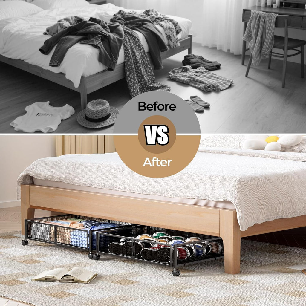 Yecaye Under Bed Storage with Wheels, 2 Pack Under Bed Shoe Storage Organizer Drawer, Tool-free Assembly Metal Underbed Storage Containers for Clothes, Shoes, Toys, Black