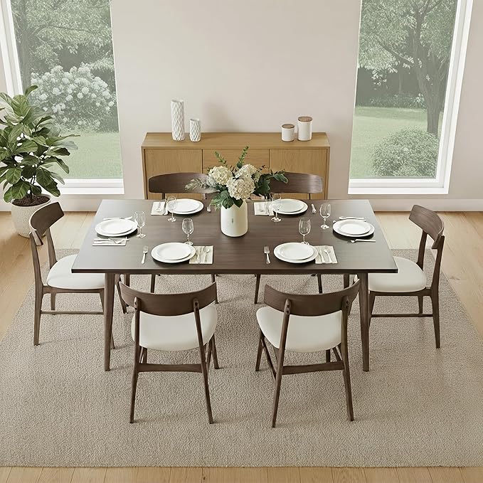 Wooden Dining Chairs Set of 6, Upholstered Modern Dining Room Chairs, Mid Century Oak Kitchen Chairs with Curved Wood Backrest for Kitchen, Restaurant, Farmhouse (Cream Fabric & Walnut Color)