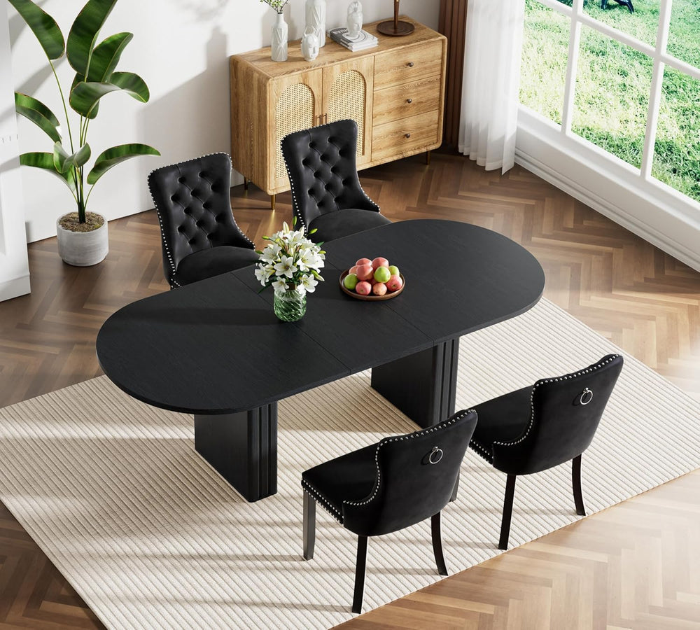 Extendable Dining Table Set of 4, Black Oval Dining Room Table & 4 Black ...