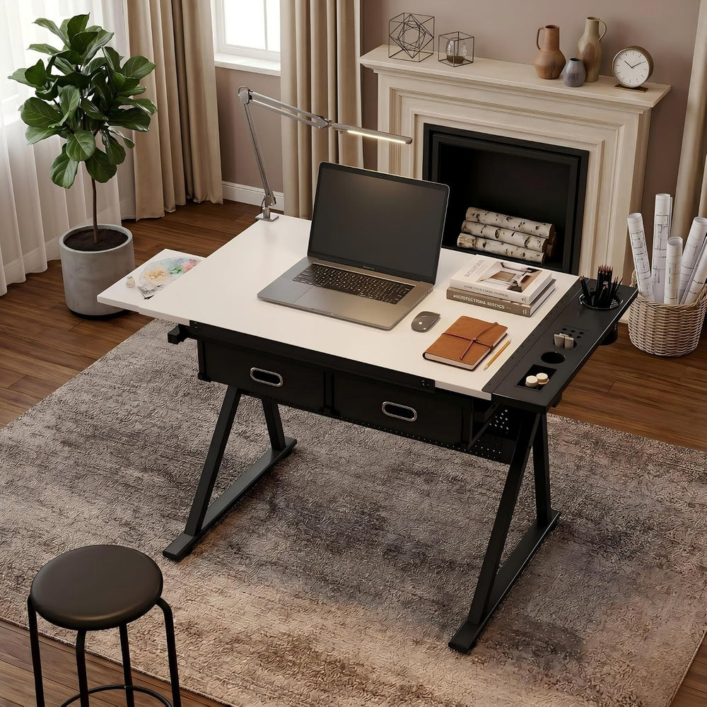 Adjustable Drawing Table with Stool, 2 Drawer Drafting Desk for Artists, Tilt...