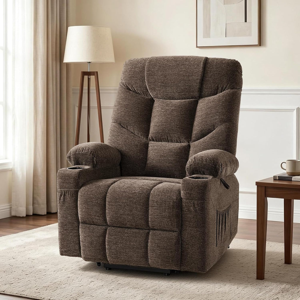 MCombo Power Lift Recliner Chair for Elderly, Fabric 7283 (Brown, Large) | Extra Extended Footrest, Cup Holders, USB Ports, Soft & Comfortable Fabric