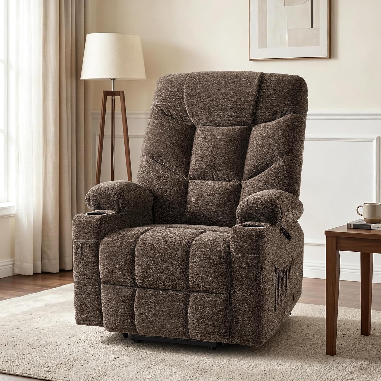 MCombo Power Lift Recliner Chair for Elderly, Fabric 7283 (Brown, Large) | Extra Extended Footrest, Cup Holders, USB Ports, Soft & Comfortable Fabric
