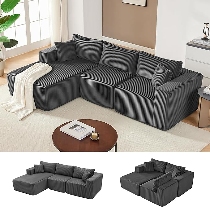 97" Modular Sectional Sofa, L-Shaped Boneless Couch with Deep Seat, Cozy Cloud Couch Sectional with Convertible Ottoman, Modern Sectional Couches for Living Room（ Grey）