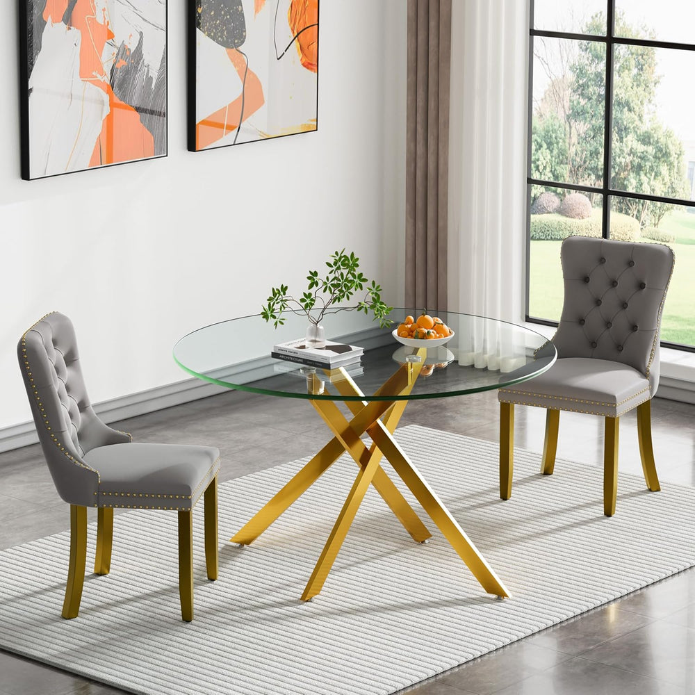 Glass Dining Room Table Set for 2, 47" Circle Glass Dining Table for 2 w...