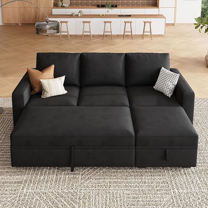 HONBAY Modular Sectional Sleeper Sofa with Pull Out Bed, L Shaped Couch with Storage Seat, Modular Sectional Couches for Living Room - Black