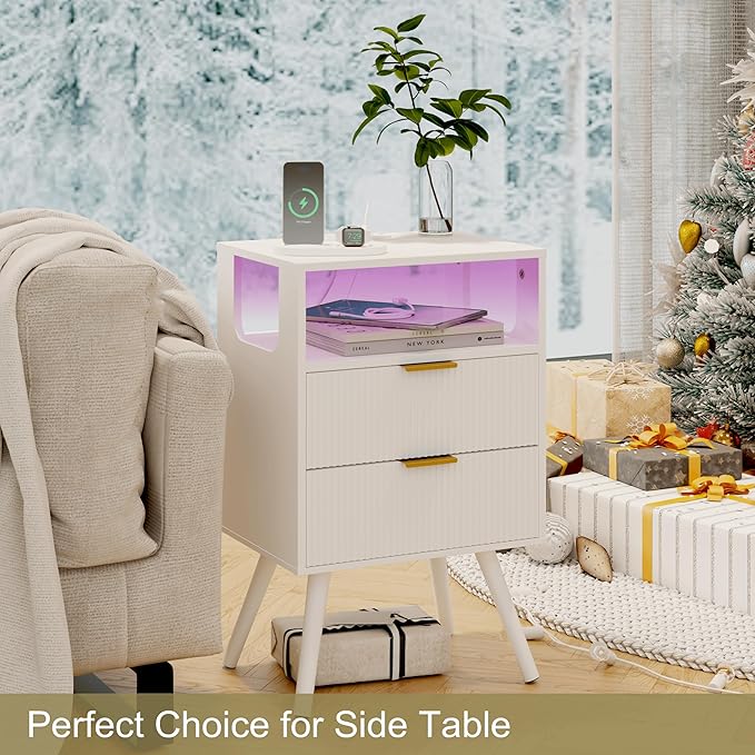 White Nightstand with Charging Station and LED Lights,Modern Bedside Table wi...