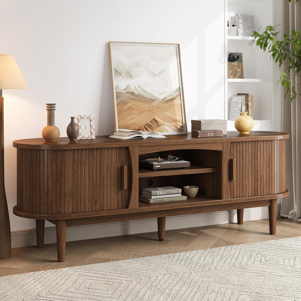 Decofy 63" Fluted TV Stand for TVs Up to 70" with Charging Station, Walnut | Mid Century Modern Built-in Charging Station Sliding Tambour Doors Adjustable Shelves Entertainment Center Solid Wood Legs