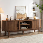 Decofy 63" Fluted TV Stand for TVs Up to 70" with Charging Station, Walnut | Mid Century Modern Built-in Charging Station Sliding Tambour Doors Adjustable Shelves Entertainment Center Solid Wood Legs