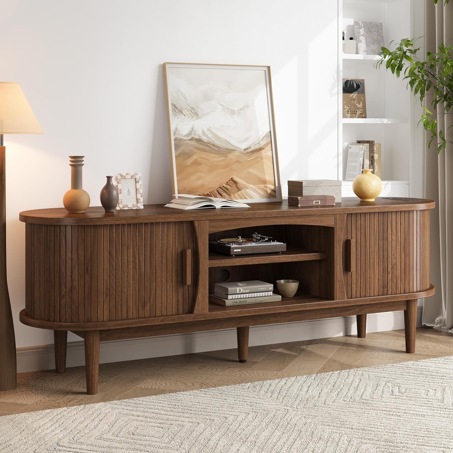 Decofy 63" Fluted TV Stand for TVs Up to 70" with Charging Station, Walnut | Mid Century Modern Built-in Charging Station Sliding Tambour Doors Adjustable Shelves Entertainment Center Solid Wood Legs