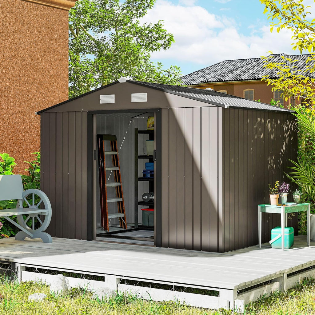 Outsunny 9' x 6' Outdoor Storage Shed, Garden Tool Metal Shed with Foundation Kit, Double Lockable Door, Air Vents and Sloping Roof, for Backyard, Patio, Lawn, Brown