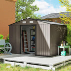 Outsunny 9' x 6' Outdoor Storage Shed, Garden Tool Metal Shed with Foundation Kit, Double Lockable Door, Air Vents and Sloping Roof, for Backyard, Patio, Lawn, Brown