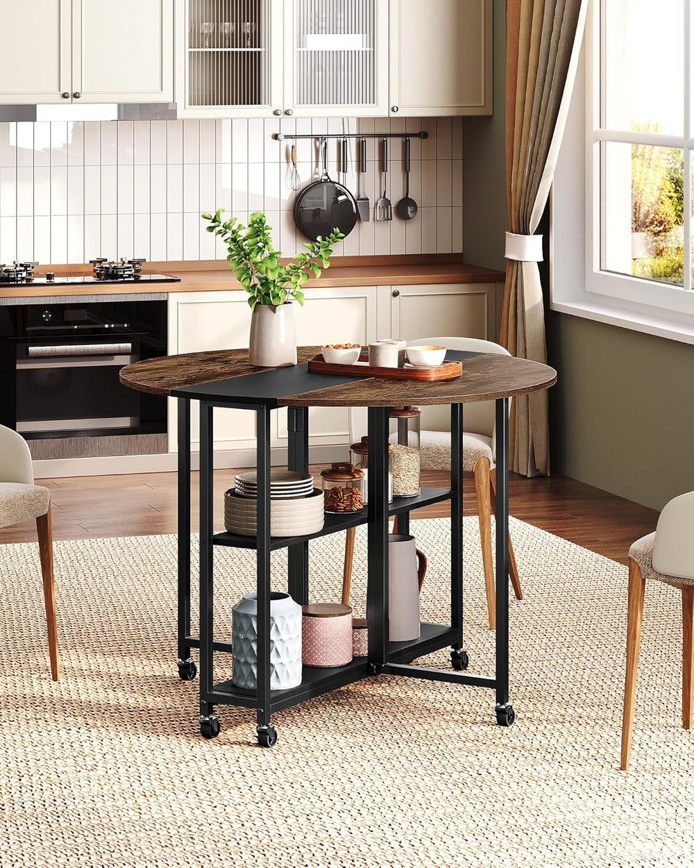 CHOEZON Folding Dining Table, Kitchen Table with 6 Wheels, Folding Round Tabl...