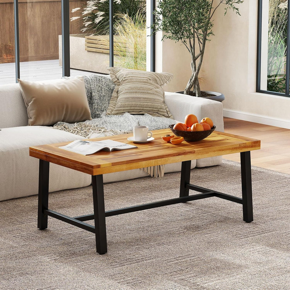 HAPPYGRILL Acacia Wood Patio Coffee Table, Outdoor Rectangular Center Table w...